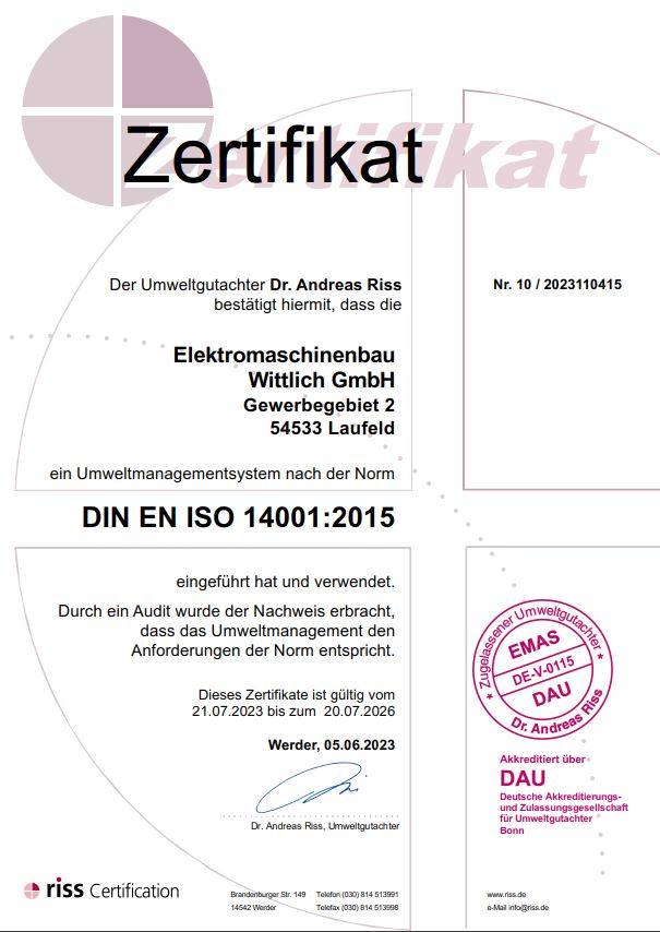 Zertifikat nach ISO 14001 für Umweltmanagement der EMB Elektromaschinenbau Wittlich GmbH, gültig bis 20. Juli 2026