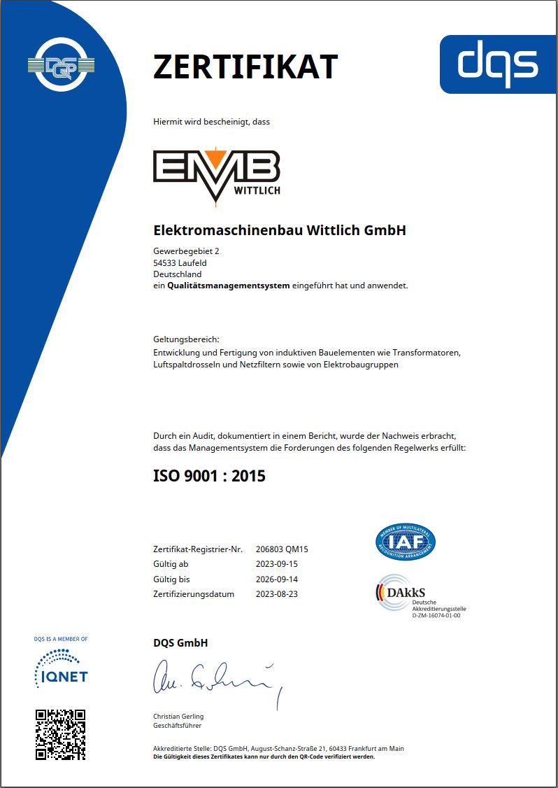 Zertifikat nach ISO 9001 für Qualitätsmanagement der EMB Elektromaschinenbau Wittlich GmbH, gültig bis 14. September 2026