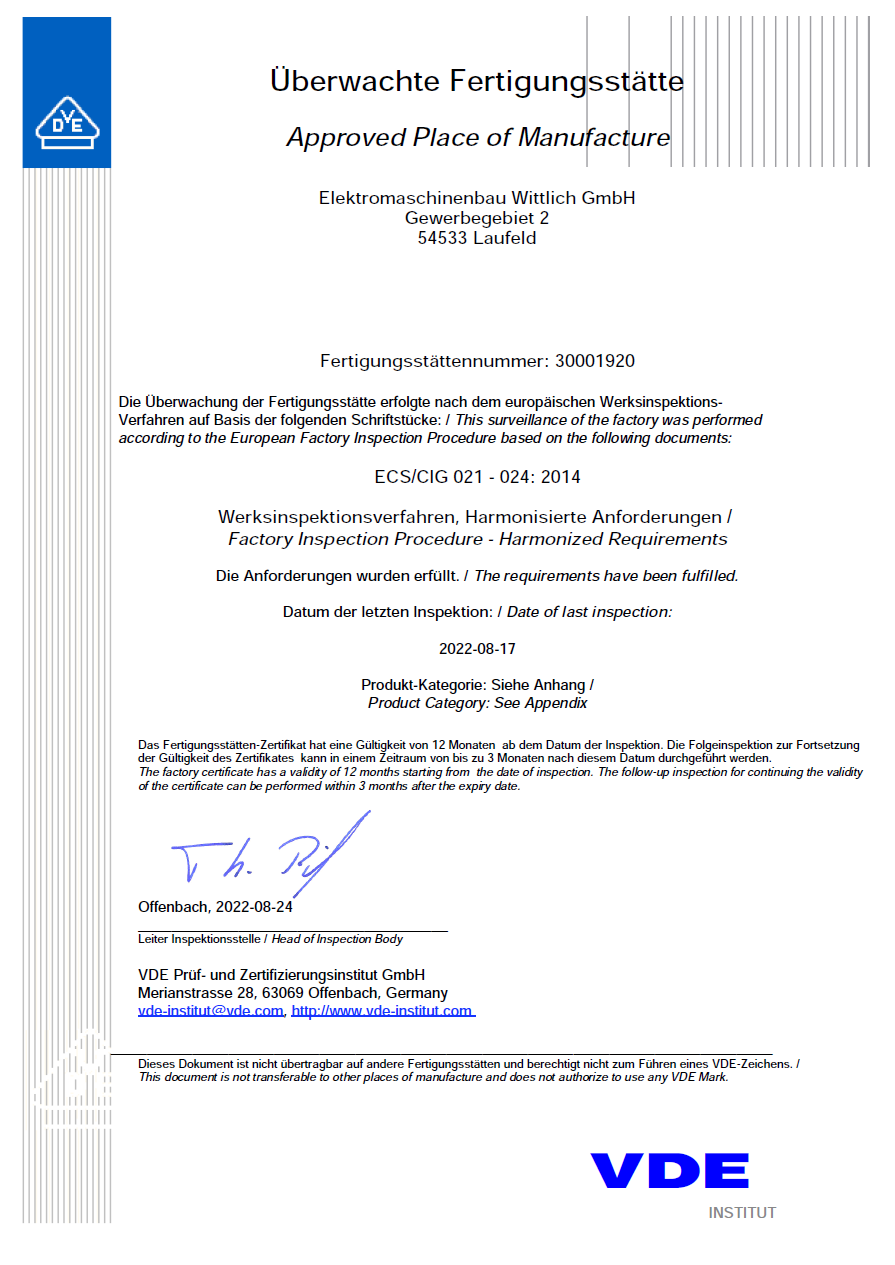 VDE-Zertifikat für die überwachte Fertigungsstätte der EMB Elektromaschinenbau Wittlich GmbH, ausgestellt am 17. August 2022